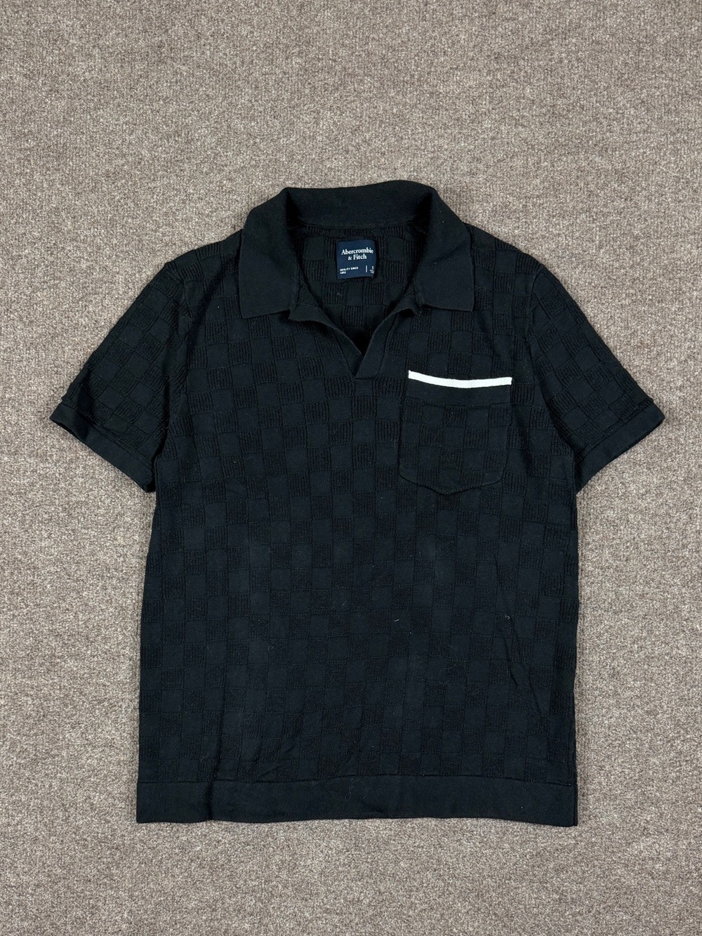 Abercrombie Black Short Sleeve V-Neck Knit Checkered Sweater Polo Shirt Men’s S